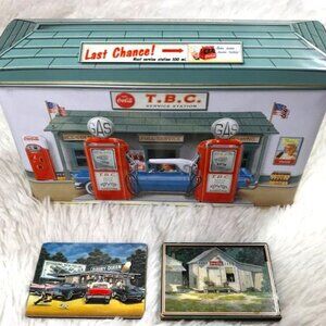 Set of 3 Vintage Coca-Cola T.B.C. Service Station Tin + 3D Wood Magnets